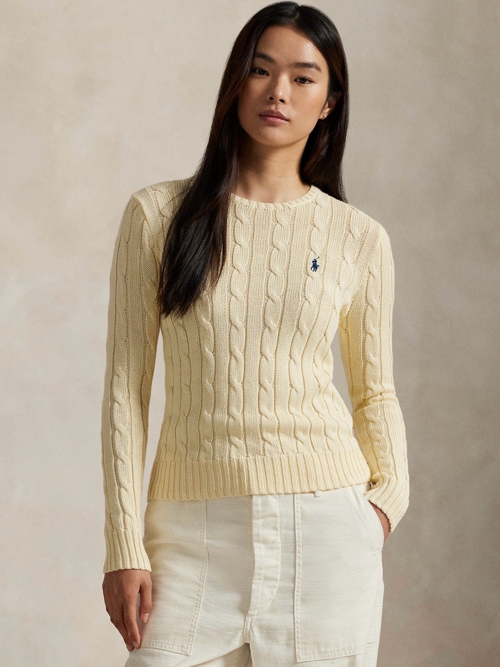 Ralph Lauren Cream Cable-Knit Crewneck Sweater
